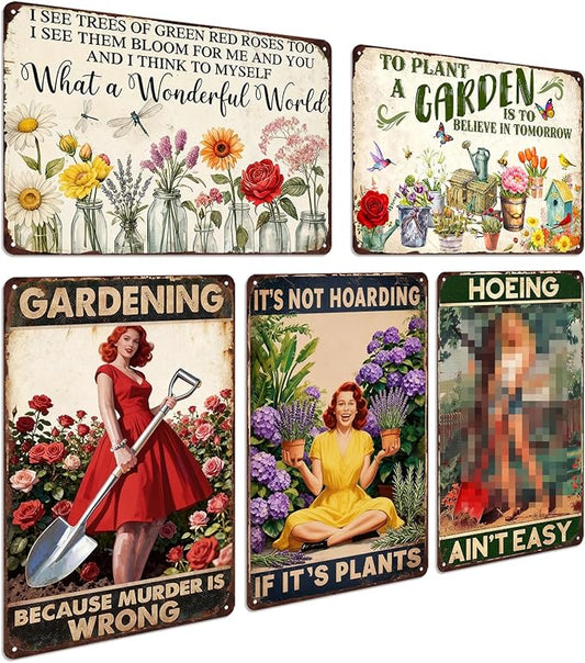 Funny Garden Metal Signs Decorative Outdoor 5 Pack Greenhouse Decorations Gardening Decor For Women Yard Tin Signs Green House Accessories For Outside Garden Sign Gardening Gifts 8x12 In