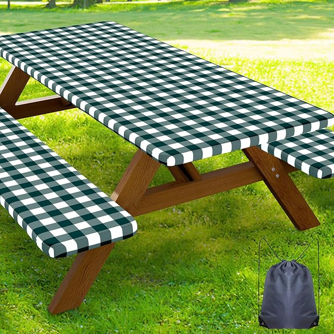 Smiry Picnic Table Cover with Bench Covers, Waterproof Elastic Fitted Tablecloths for 8 Foot Rectangle Tables, Washable Buffalo Plaid Tablecloth for Camping, Outdoor (Emerald Green & White, 30"x96")