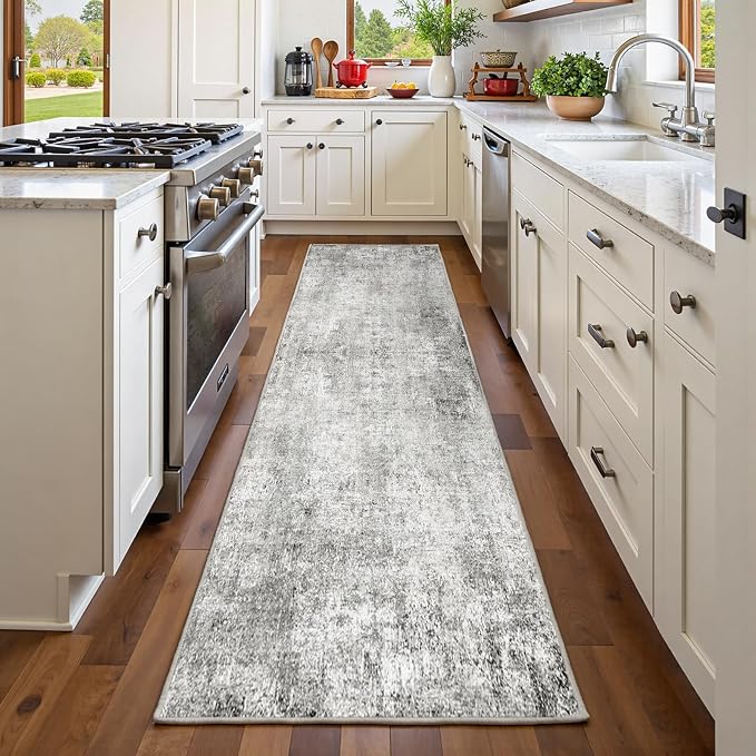 RELEANY Washable Runner 2'x6' Abstract Area Rug for Hallway Gray White | Carpet for Kitchen, Entryway, Bathroom, Living Room, Bedroom, Printed Pattern, Non‑Slip, Soft, Stain‑Resistant, Easy to Clean