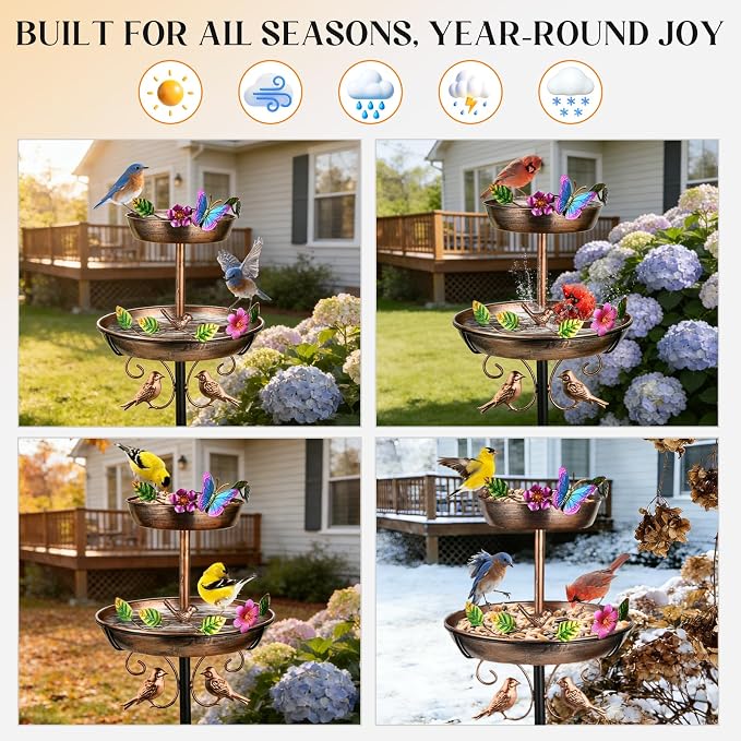 43" Bird Bath and Feeder for Outside 2-tier, 12" and 8" Dia Double Removable Bird Baths Outdoor, Vintage Water Bowl Birdbaths, Garden Patio Lawn Decor with Butterfly and Floral Bird Border Decorative
