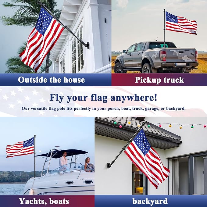 5 FT Flag Pole Kit with 3x5 American Flag, Tangle Free Spinning Weather Resistant Rustproof Stainless Steel Flagpole with Base for 1" Dia Flag Pole Holder for Outside House, Wall (Black)