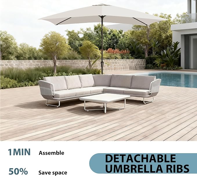 6.5x10FT Rectangular Patio Umbrella with Push Button Tilt & Crank Lift for Garden,UV Protection Outdoor Umbrella for Deck,Pool and Yard,White