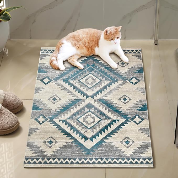 YHSF South West Native Tribal American Rug Ritz - Aqua, 2 ft x 3 ft | Native American Indian Inspired Rug - Living Room, Bedroom, Hallway, Entryway & High-Traffic Area Rugs - Washable - Soft