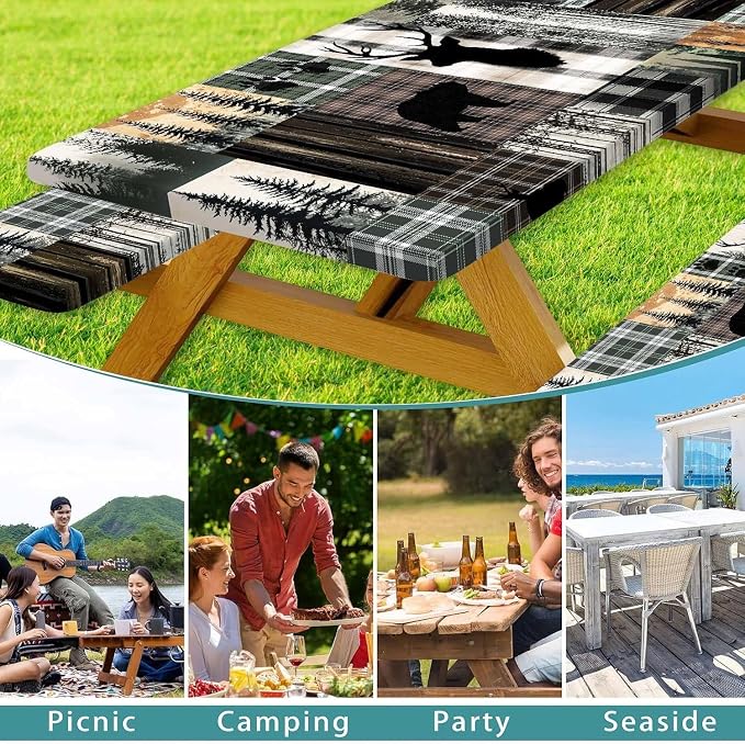 Picnic Table Cover with Bench Covers and Bag, Teal Rustic Camping Essentials Waterproof Windproof, Fitted Tablecloth Cover with Elastic Edge, for Indoor & Outdoor, Camping, 3 Pieces Set, 30x72 IN