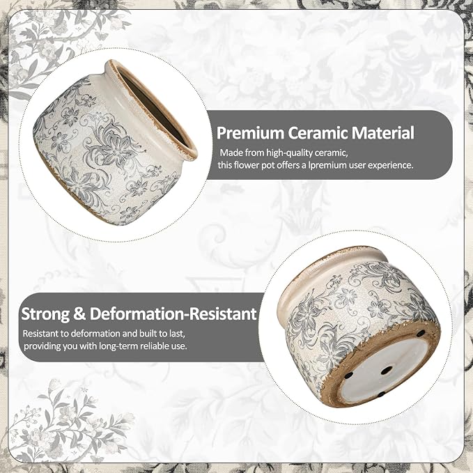 7.7" Large Vintage Ceramic Plant Pot with Baroque Floral Pattern Beige Gray Rustic Planter with Ice Crackle Glaze & Drainage Hole for Indoor Outdoor Plants Home Office Kitchen Decor Gift