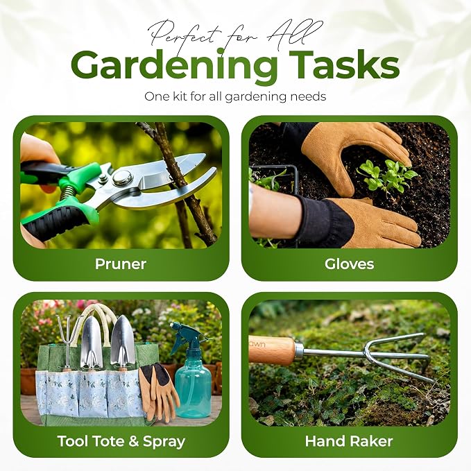 Gardening Tools Set with Organizer Handbag 9-Piece, Heavy‑Duty Rust‑Proof Garden Hand Tools, Wooden Handles,15 Plant Tags, Ideal Gardening Gift for Men & Women