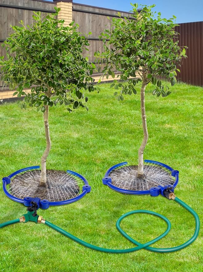 2Pcs 360° Tree Water Sprinkler, Adjustable Tree Watering Ring with Y Hose Splitters, Circle Tree Root Irrigation System for Outdoor New Trees Shrubs Plants Garden Beds