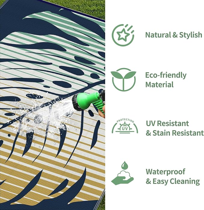 GENIMO Outdoor Rug 6' x 9' Waterproof for Patio Clearance, Reversible Plastic Straw Camping Mat, Lightweight Carpet for Rv, Camper, Deck, Porch, Picnic, Balcony, Beach,Yellow & Blue Blend