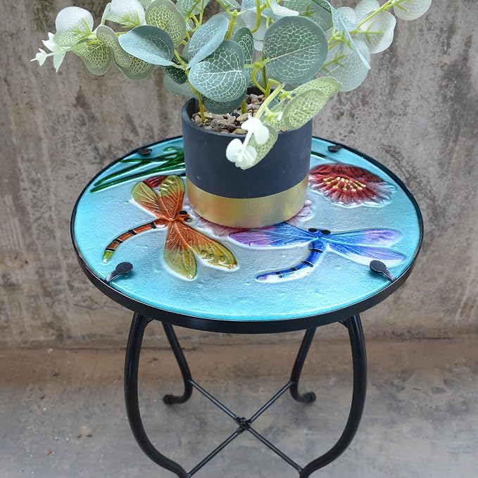 Dragonfly Patio Side Table, Small Patio Outdoor Side Table, Plant Table,Metal Glass End Table for Porch Garden Yard Pool.