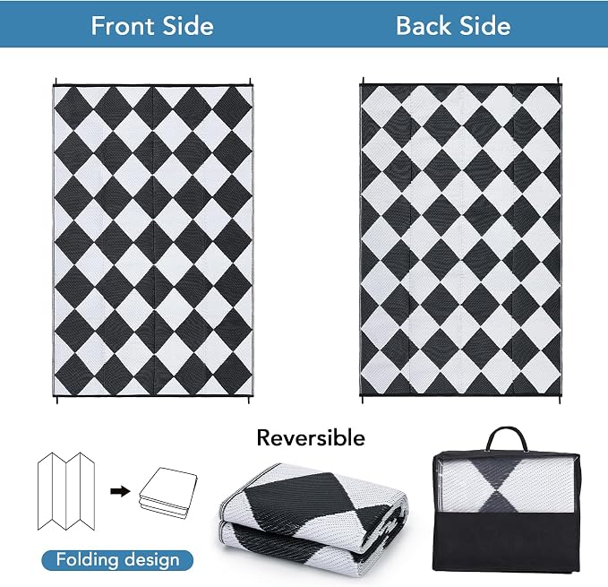 Garvee 9x12 Outdoor Rug for Patio Plastic Straw Rug Waterproof Reversible Mat Lightweight Foldable Carpet Easy Clean Large Rugs for Patio Porch Backyard Camping RV Beach Balcony Deck Checkered White