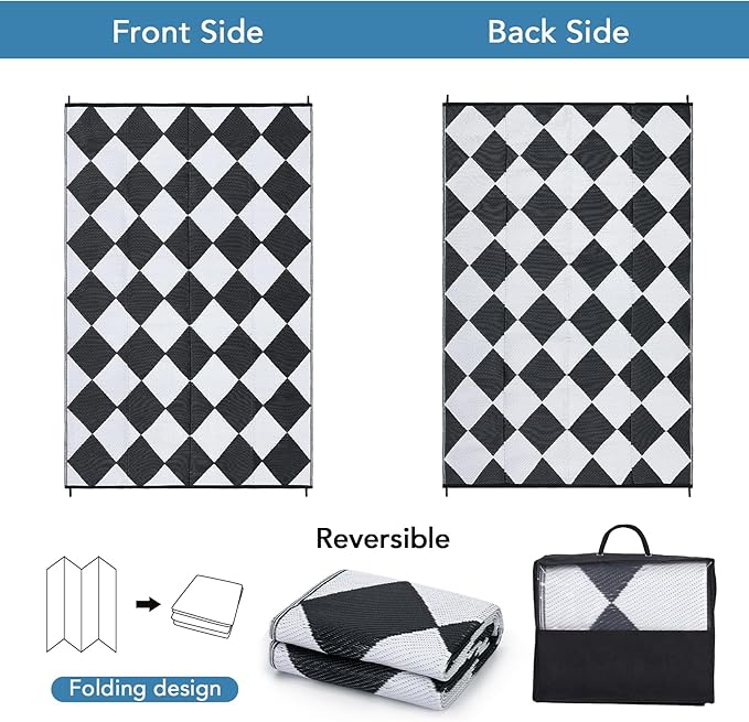 Garvee 8x10 Outdoor Rug Waterproof Plastic Straw Rug Outdoor Patio Rugs Reversible Mat Easy Clean Foldable Lightweight Large Area Rugs for Patio Porch Backyard Camping RV Beach Balcony Checkered White