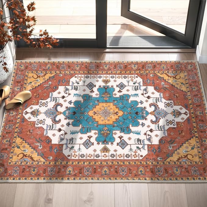 SERISSA 2x3 Washable Non Slip Boho Small Area Rug for Entryway，Orange | Ultra Soft Vintage Oriental Carpet Low-Pile Tribal Indoor Mat Floor Carpet for Entrance Bedroom Kitchen Bathroom