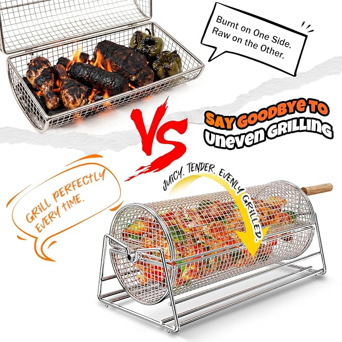 2-in-1 Rolling Grill Basket with Dual Handles, 304 Stainless Steel Rotatable BBQ Basket with Crank Handle & Straight Grip Handle, Grill Net for Vegetables, Shrimp & More, Gift Idea for Men, Dad, Husband