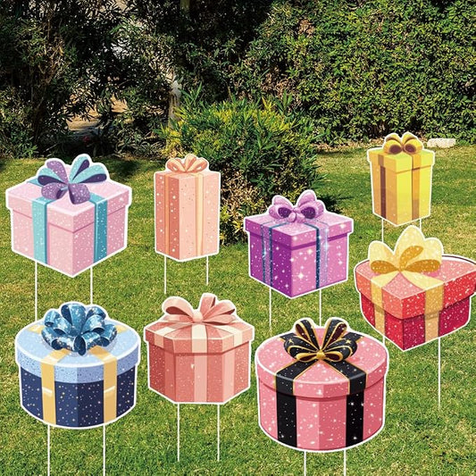 SUPERDANT 8Pcs Gift Boxes Yard Sign with 16 Stakes Gift Party Lawn Decorations Surprise Waterproof Sign for Outdoor Backyard Garden Birthday Decoration