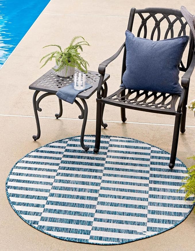 Unique Loom Outdoor Striped Collection Area Rug - Striped (5' 3" Round Blue/Ivory)