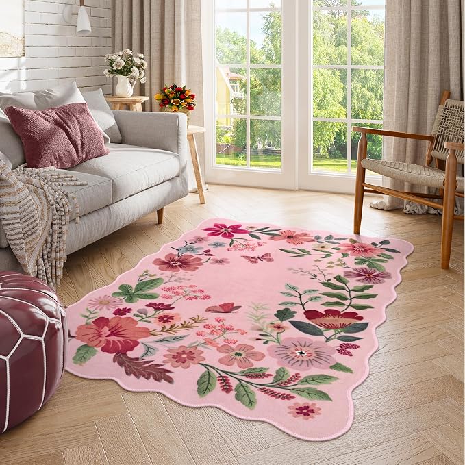 Lahome Floral Washable Rugs, 4X6 Pink Rugs for Bedroom Girls Living Room | Ultra-Thin Soft Non-Slip Stain Resistant Boho Low-Pile Throw Carpet for Nursery Office Flore (4x6ft, Pink)