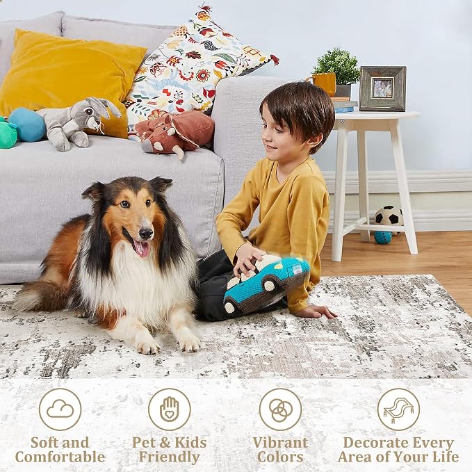 ROYHOME 9x12 Modern Abstract Rug for Living Room Bedroom, Taupe/Beige | Non Slip Stain Resistant Throw Rug Low Pile Machine Washable Indoor Floor Cover Home Decor