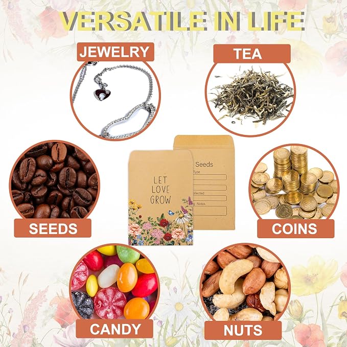 FYSUIMU 100Pcs Wildflower Seed Packets Let Love Grow Self-Adhesive Kraft Envelopes Rustic Floral Seed Storage Pockets for Garden Office Party Favors Supplies, 3.15 x 2.4 Inch