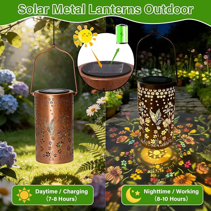 Colorful Solar Lanterns Outdoor Waterproof, Mmulticolored Hummingbird LED Solar Lights Garden Decor Gifts for Women Mom Grandma, Metal Hanging Lantern for Outside Table Tree Patio Pathway Lawn Decor