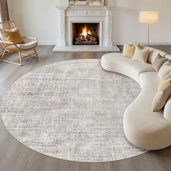 LOONGRUG Round Rug 10x10 Washable Neutral Modern Living Room Rug Brown Gray | Circle Large Abstract Soft Stain Resistant Indoor Non-Slip Carpet for Bedroom Nursery Kids Office Playroom Dining Room