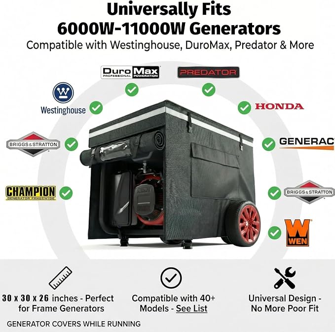 Generator Cover While Running, Portable Generator Cover for Outdoor Use, with Double Layer 900D Fabric, 30"L x 30"W x 26"H, Universal Fit for 6000W-11000W Frame Generators, Black, Waterproof