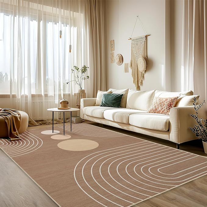 Area Rug 5x7 Boho Modern Minimalist Geometric Abstract Rug Brown Mid Century Modern Rug for Living Room Machine Washable Non-Slip Printed Low Pile Indoor Carpet for Bedroom Dining Room Office Brown