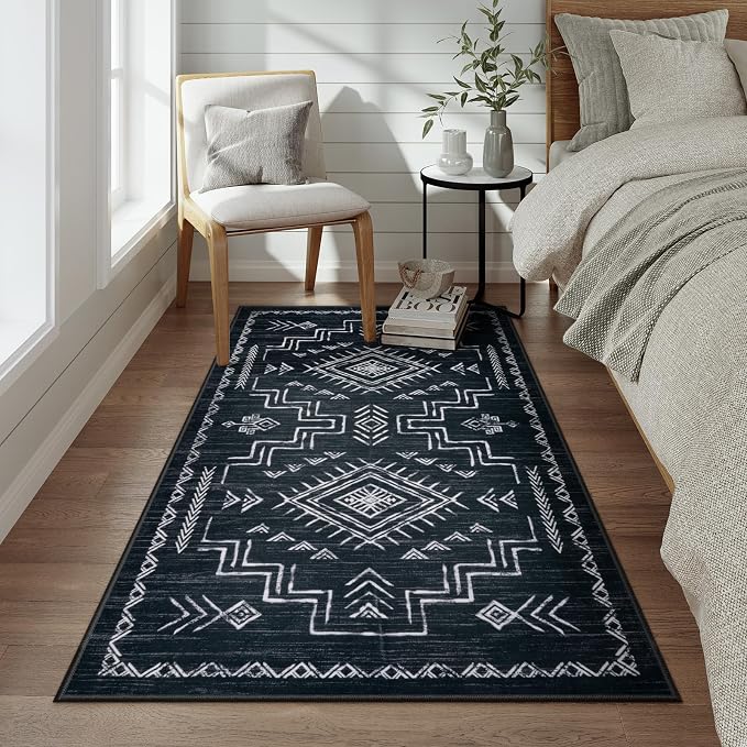 STARUIA 3x5 Washable Area Rug Western, Non-Slip Small Entryway Rug Black Aztec Tribal Classic Boys Rug for Bedroom Living Room Low-Pile Carpet for Indoor Kitchen Bathroom(Black 3'x5')
