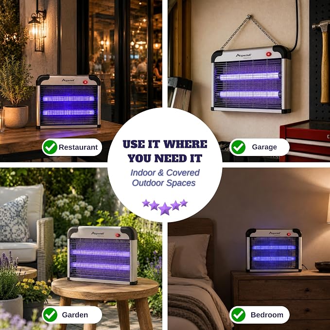 ASPECTEK Electric Bug Zapper, 20W UV Bulbs, Fly, Mosquito, Gnat and Moth Control, Indoor and Covered Outdoor Use for Home, Garage, Patio and Farm, Includes 2 Replacement Bulbs