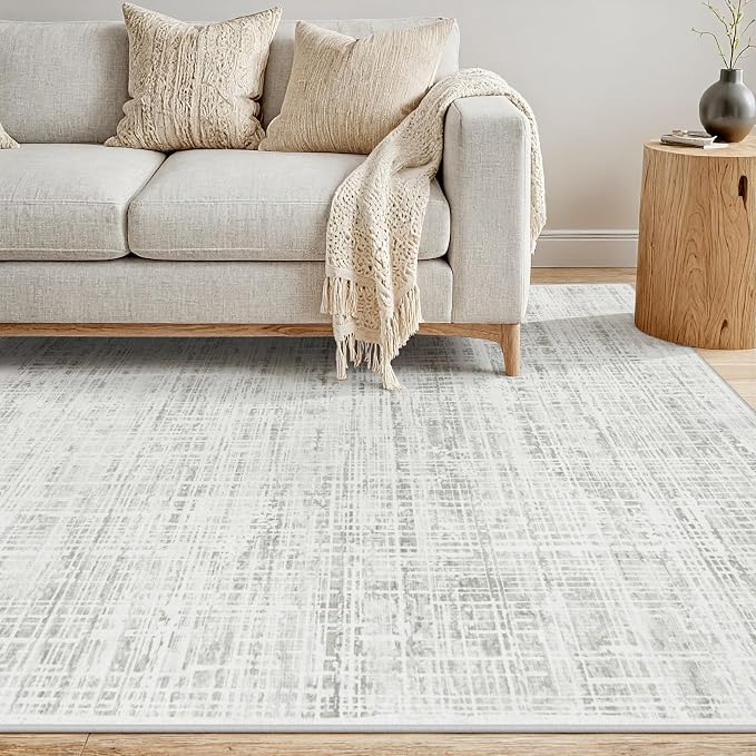 9x12 Washable Area Rug for Living Room Bedroom: Non-Slip Modern White Gray | Machine Washable TPR Backing, Stain-Resistant Low Pile, Pet & Kid Friendly, Abstract Decor for Dining Room, Dorm, Home Office
