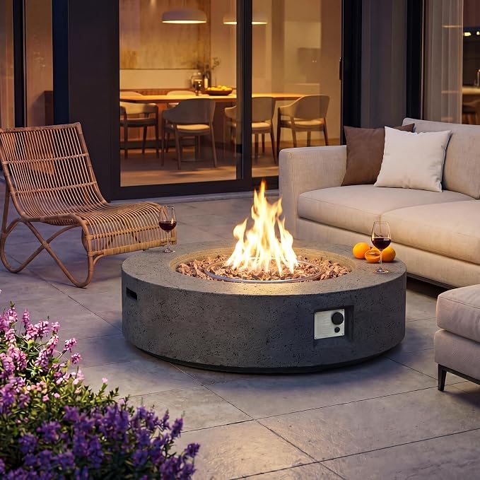 COSIEST 42 inch Outdoor Propane Fire Pit Coffee Table w Concrete Round Base Patio Heater, 50,000 BTU Stainless Steel Burner, Free Lava Rocks, Rain Cover, Gray