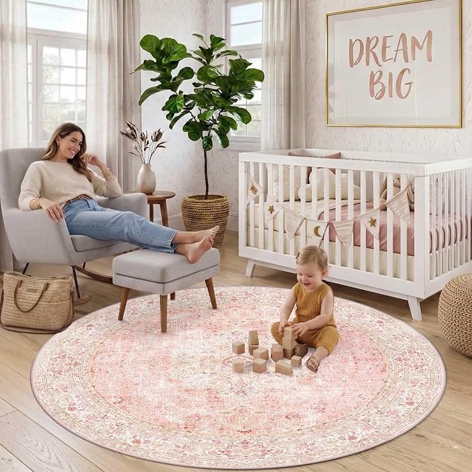 Latte&Fog 6ft Pink Round Area Rug for Girl Bedroom Washable Cute Circle Rug | Non Slip Low Pile Soft Floral Indoor Carpet for Living Room Kids Playroom Nursery Classroom Dorm Decor Dining Kitchen Office