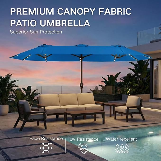 Kingdura 15ft Large Patio Umbrella with Solar Lights, Double-Sided Rectangle Outdoor Table Umbrella with Base Included, 12 Reinforced Ribs, 48 Led Lights, Crank Lift for Market Pool Deck, Royal blue