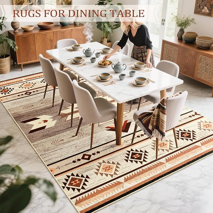 BENRON Western Area Rugs for Living Room Bedroom 5x7, Washable, Warm Beige | Non Slip Southwest aztec Rustic Rugs for Dining Table Kitchen Home Decor