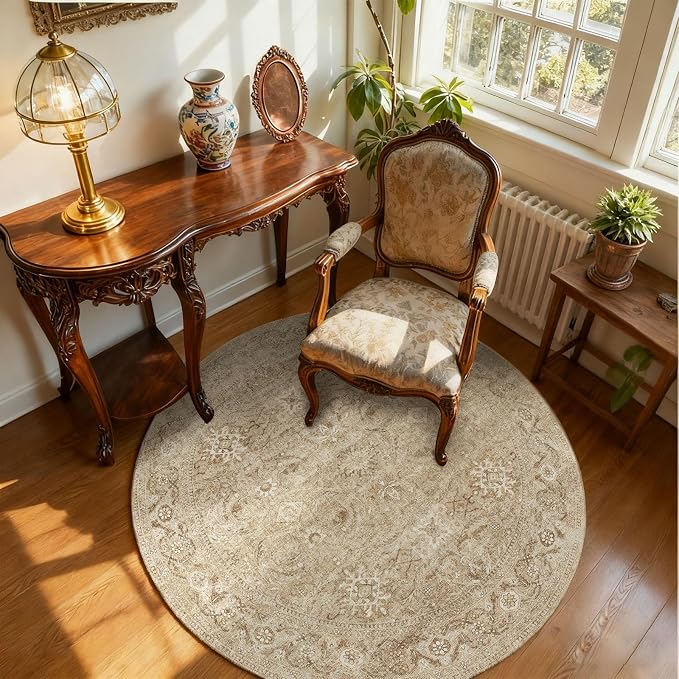 4ft Round Washable Rugs for Bedroom: Circle Living Room Rug Boho Non Slip Low Pile Soft Faux Wool Non Shedding Small Carpet for Kitchen Entryway Bathroom Bedside Office College Dorm Kids Room Entrance