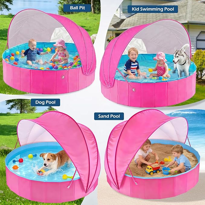 Jasonwell Kiddie Baby Pool with Canopy - Foldable Infant Toddler Kids Pool with Shade Baby Beach Essentials Tent Swimming Wading Pools for Toddlers 1-3 + Kids Dogs Ball Pit Backyard Water Play R, 48"