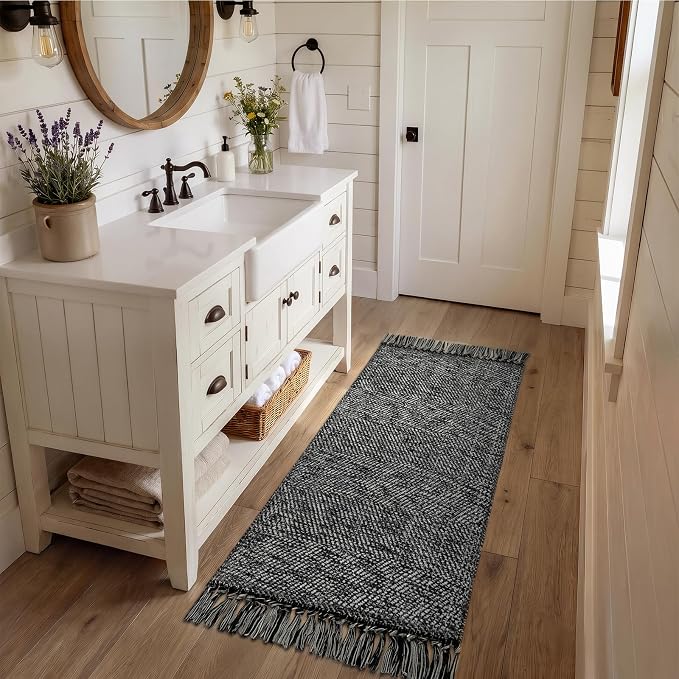 2' x 5' Bathroom Rug, Modern Farmhouse Kitchen Runner Rugs | Hand-Woven Entryway Rugs Runners for Hallway, Black Boho Washable Laundry Carpet Indoor Front Door Mat for Bedroom Decor