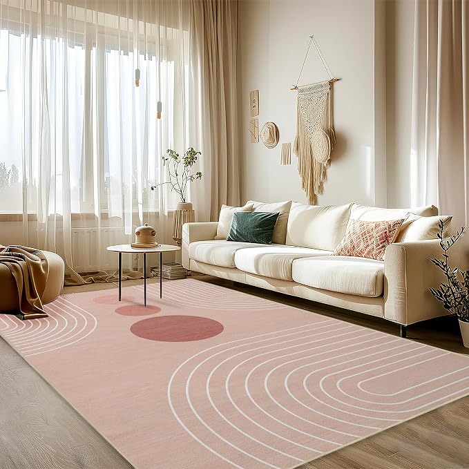 Area Rug 6x9 Boho Modern Minimalist Geometric Abstract Rug Pink Mid Century Modern Rug for Living Room Machine Washable Non-Slip Printed Low Pile Indoor Carpet for Bedroom Dining Room Office Pink