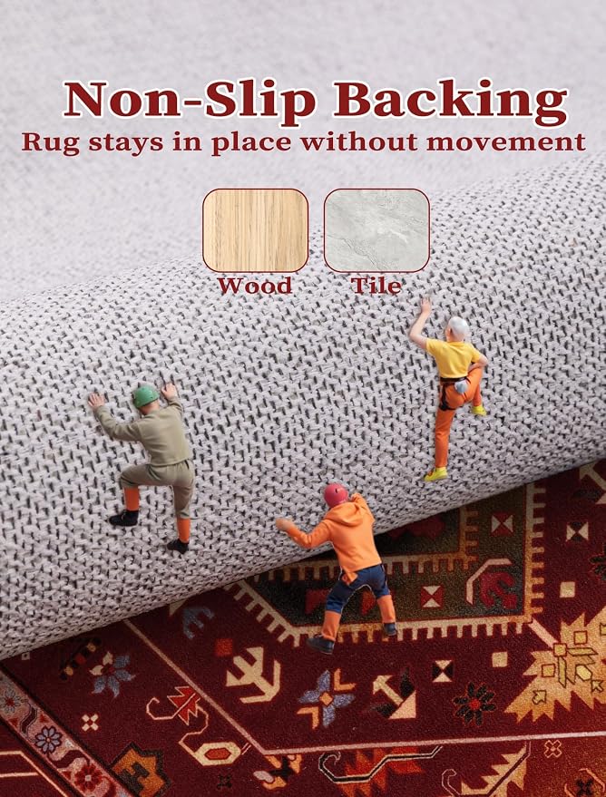 SERISSA 2'6"x10' Washable Non Slip Boho Runner Rug for Hallway | Ultra Soft Vintage Oriental Carpet Low-Pile Rustic Red Gold Floor Carpet for Kitchen Bedroom Bathroom Laundry Room