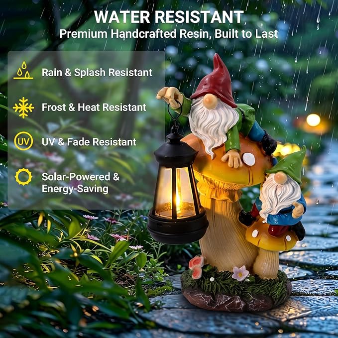 Solar Garden Gnome Statue Climbing on Mushroom with LED Lantern | Waterproof Resin Decor for Fairy Garden, Porch & Lawn, Handcrafted Funny Figurine, Unique Gift for Mom & Women