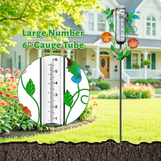 35.4” Hummingbird Rain Gauge Outdoor, Metal Rain Gauges Stake with 6“ Glass Tube, Decorative Rain Gauges for Yard Garden Lawn for Precipitation Measurement