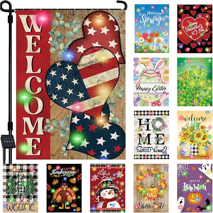 Lighted Seasonal Garden Flags Set of 12 Double Sided 12 x 18 Inch LED Yard Flags, Small Flags for Outside, Fall Winter Halloween Christmas Outdoor Flags,Solar Holiday Garden Flags for All Seasons