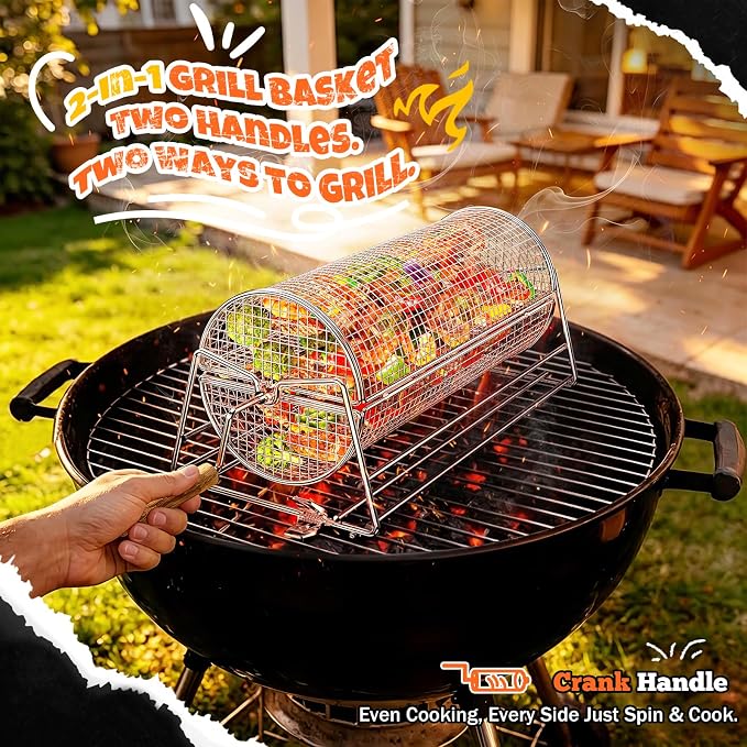 2-in-1 Rolling Grill Basket with Dual Handles, 304 Stainless Steel Rotatable BBQ Basket with Crank Handle & Straight Grip Handle, Grill Net for Vegetables, Shrimp & More, Gift Idea for Men, Dad, Husband