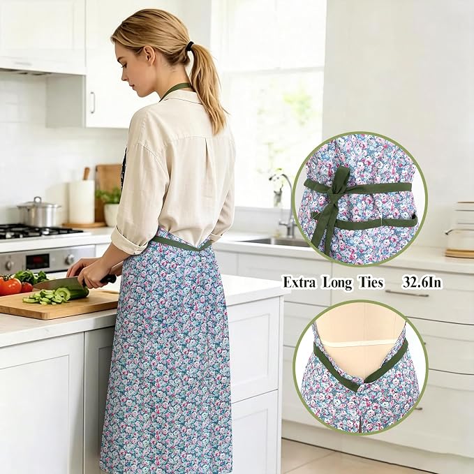 Women's Vintage Floral Kitchen Apron for Cooking & Gardening | Adjustable Neck Straps & Large Pockets, Cute Pinafore for Baking Tea Time, Practical Hostess Gift(Sage Pink)