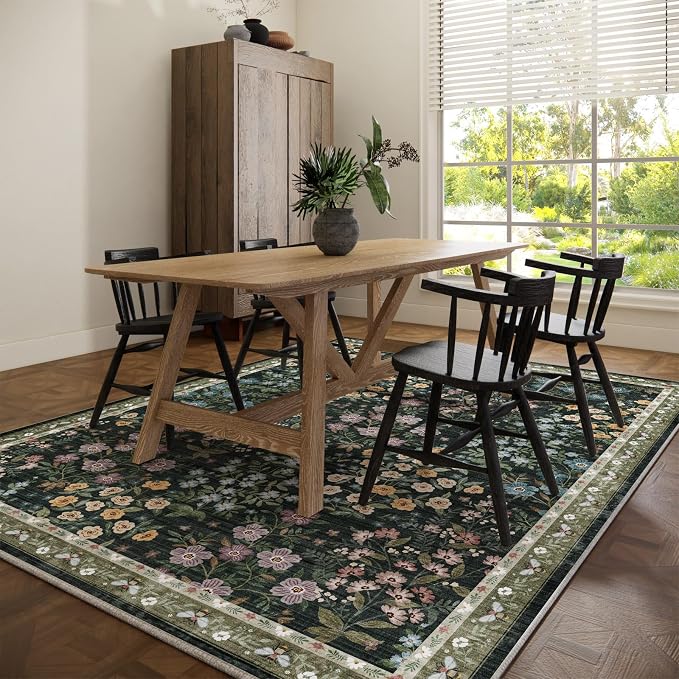 Machine Washable Living Room Rug: 6x9 Area Rugs for Bedroom Vintage Stain Resistant Non Slip Low Pile Lightweight Soft Carpet for Kitchen Dining Room Farmhouse Kids Room Nursery Indoor