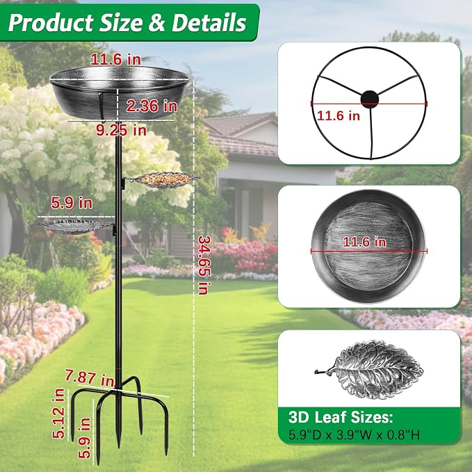 Metal Bird Bath for Outdoor - Garden Bird Bath with Removable Bowl Heavy-Duty Base, Winter Birdbath Feeder Rust-Proof Birdbaths for Garden Yard Lawn Decor, Easy to Install(Grey)