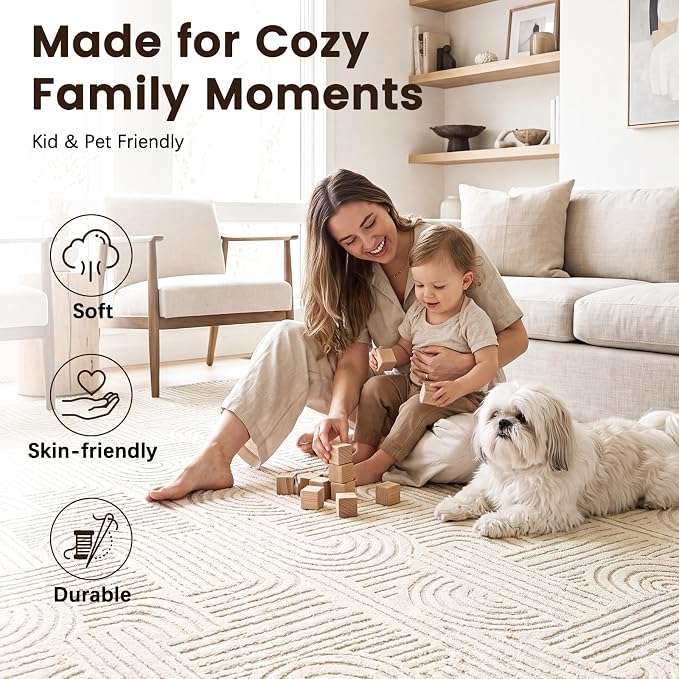 Etwel 8x10 Beige Modern Geometric Textured High-Low Pile Washable Area Rug | Soft Carpet, Non-Slip PVC Backing, Low Profile, Kid and Pet Friendly, for Living Room, Bedroom, Dining Room, Nursery