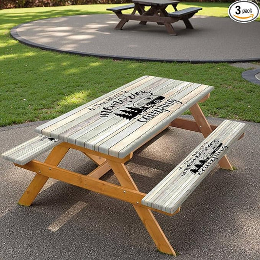 Picnic Table Cover with Bench Covers and Bag, Outdoor Camping Camper RV Wood Waterproof Windproof Tablecloth with Elastic Edges, Camping Accessories RV Gear Campers 72x30 Inches 3 Pcs Set