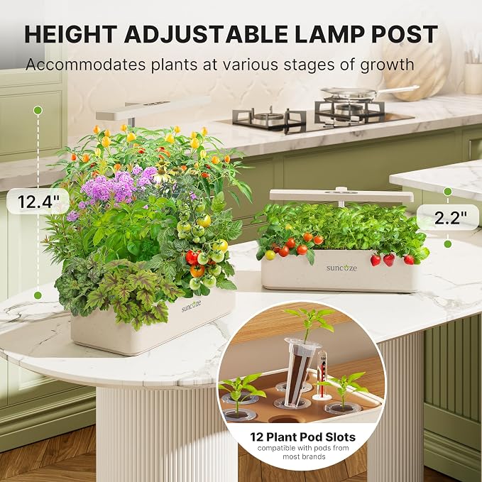 SUNCOZE Hydroponics Growing System, Compact 12 Pods Indoor Garden, Beige | 24W LED Dimmable Grow Light, 4L Water Tank with Quiet Pump, Adjustable Height Herb Garden Planter Indoor Kit, Gardening Gifts