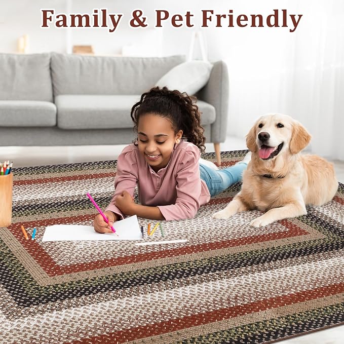 RUGSREAL Large Living Room Area Rug 10x13 Braided Washable Rug Non Slip | Bedroom Carpet Stain Resistant Dining Room Braid Printed Farmhouse Accent Throw Rug for Home Decor Office, Crimson/Earthy