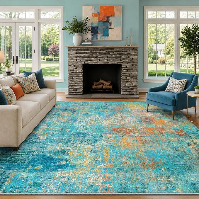 RELEANY Washable 9'x12' Abstract Area Rug for Living Room Teal Multi | Carpet for Bedroom, Kitchen, Office, Hallway and Entryway, Printed Pattern, Non‑Slip, Soft, Stain‑Resistant, Easy to Clean